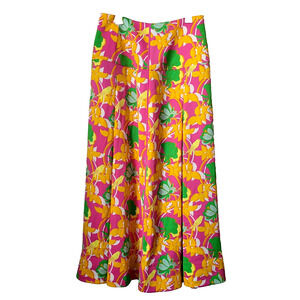 Me + Em Magnolia Bird Print Skirt Flare Maxi Pink Green Yellow Bright Size 8 NWT